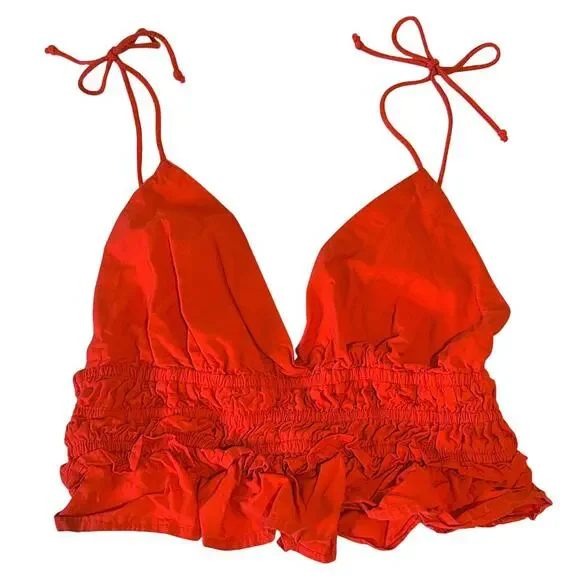 Sim & Sam MED PAOLINA RED Smocked Strappy Ruffled Tiered Boho Festival Crop Top - Picture 1 of 5